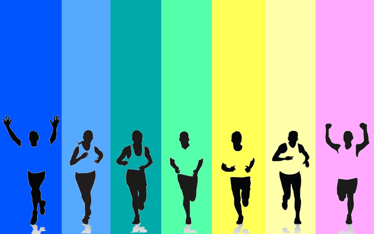 Running silhouettes in front of individually colored backgrounds representing user personas.