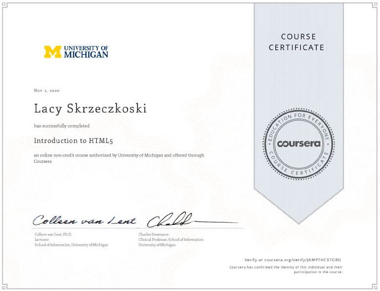 Certificate showing completion of Introduction to HTML5 course authorized by University of Michigan through Coursera.