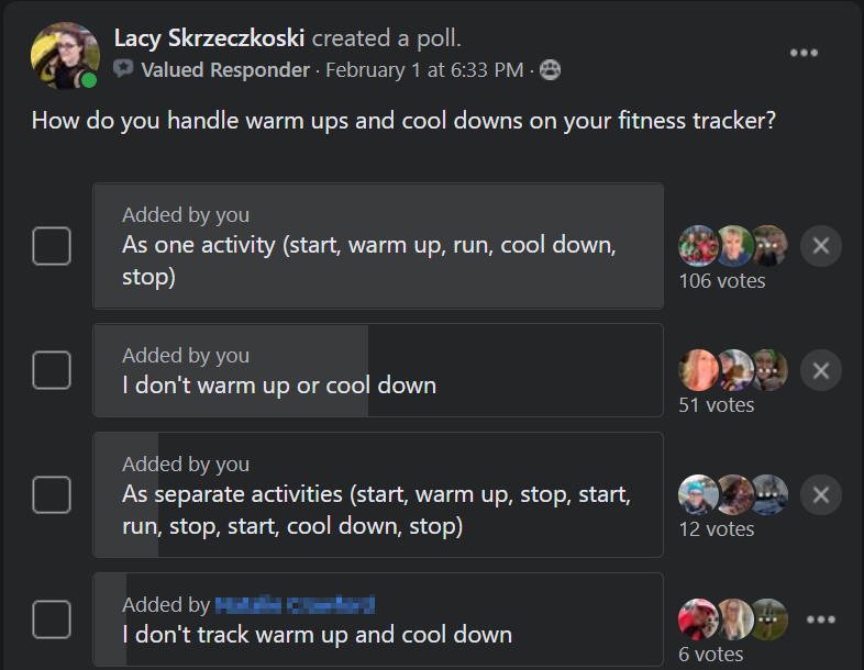 Results of a poll showing tracking warm-ups and cools down as one activity was the most popular.