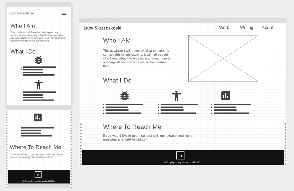 Low fidelity prototype showing mobile and desktop views for About page.