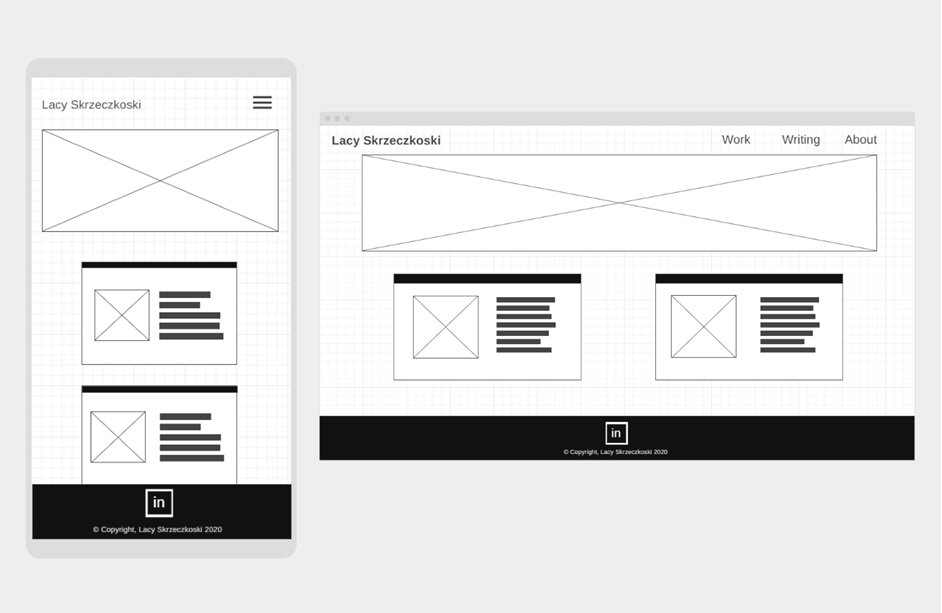 Low fidelity prototype showing mobile and desktop views for Home page.